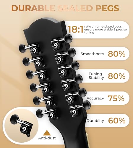 Image of Vangoa 12 String Guitar Acoustic Electric, Upgraded Guitar 12 Strings Bundle for Beginner Intermediate Adults Teens, Guitarra de 12 Cuerdas, Spruce Top Bone Nut, Black, Matte