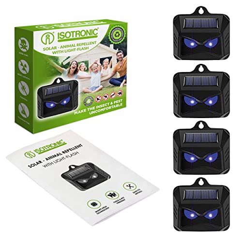 ISOTRONIC Ahuyentador de animales solar con luz azul | contra animales salvajes como mapaches, ciervos, zorros, jabalíes y muchos más   4X defensa animal efectiva con luz LED azul