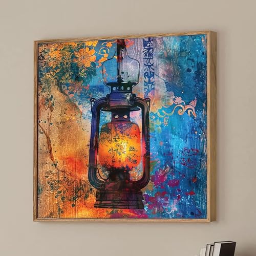 Image of Vintage Lantern Framed Canvas Wall Art Painting for Living Room | Colorful Rustic Abstract Artwork Painting with Frame | Modern Decorative Wall Decor for Home & Office, 23x23 Inch