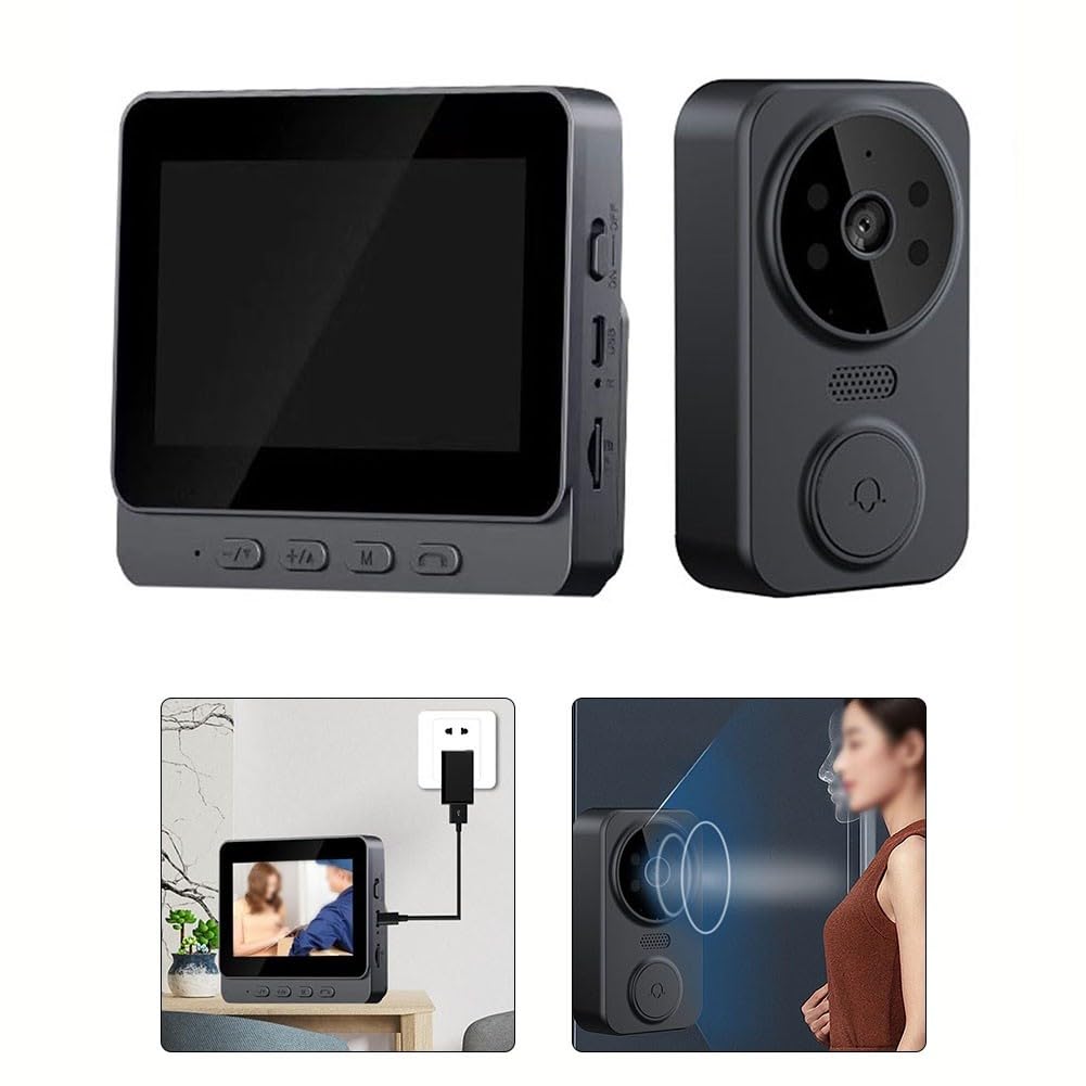 FACAIIO Sonnette vidéo sans fil avec écran IPS de 4,3", interphone bidirectionnel, vision nocturne, détection de mouvement, stockage de carte SD, signal longue portée, noir