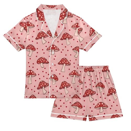 Red Mushroom Pattern Summer Satin Pajama Set, Cute Button-Down Sleepwear Pj Set for Sleep Wears