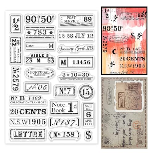 INFUNLY Vintage Number Clear Stamps for Scrapbooking 6.3x4.3 Retro Air Ticket Postmark Rubber Stamp Reusable Postage Transparent Stamps for Card Making Photo Journal Album Crafting Decoration