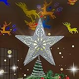 Juegoal Lighted Christmas Tree Topper, with Built-in Colorful Reindeers LED Projector Treetop, 3D Hollow Tree Star Rotating Magic Deer, Holiday Xmas Winter Home Wonderland Decorations, Glitter Silver