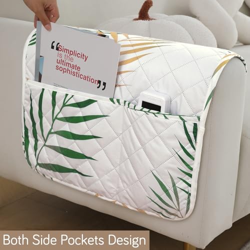 Image of HOKIPO Polyester Printed Waterproof + Anti-Slip + Quick Dry Sofa Armrest Cover with Pockets (2Pcs), Palm Leaves Forest Green (AR-5237-P3-L*2)