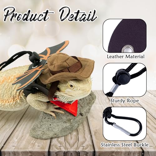 Image of Bearded Dragon Leash Bat Wings Hat Costume Set, Adjustable Cowboy Hat Lizard Leash Harness (S /M /L 3 Pack) for Reptile Lizard Leopard Gecko Holiday Party Accessories