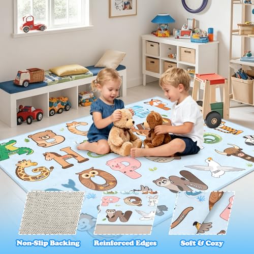 ABC Rugs for Kids Playroom - 4.5x6 Feet Alphabet Rug Kids Play Carpet Preschool Learning Animals, Educational Rug for Children Toddler Bedroom Nursery Kindergarten Decor, Blue — view 4