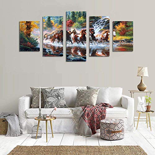 Arthome520 Golden Landscape Home Decor Canvas Print Painting Colorful Animal Horse Picture Wall Art Contemporary Framed Ready To Hang 5 Panel (12''X18''X2+12''X24''X2+12''X30''X1) #TOP2
