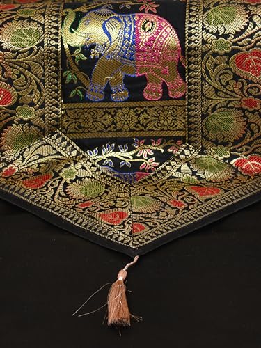 Image of Banarasi Brocade Zari Silk Table Runner Dinning & Centre Table Runner 177 By 30 CM (Black, Elephant)