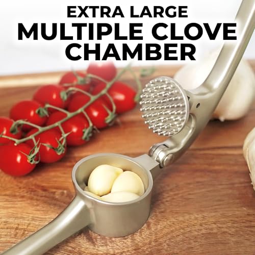 Image of Zulay Kitchen Large Premium Garlic Press Set - Bigger Bowl for Bigger Garlic - Rust Proof Garlic Mincer Tool - Easy-Squeeze, Easy-Clean Silicone Garlic Peeler & Brush (Silver)