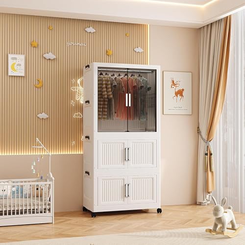 Image of Plastic Wardrobe for Kids Clothes - 3 Door Foldable Cupboard for Bedroom, Baby Clothes Storage Almirah with Doors, Collapsible Wardrobe Kids for Home (White 712)