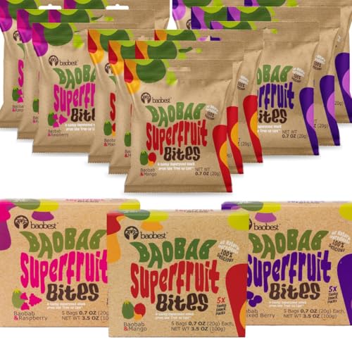 Baobest Superfruit Bites - Baobab Chews Variety Snack Pack - Berry, Mango, & Raspberry - Vegan, Gluten Free, Preservative Free, Palm Oil Free, High Vitamin C Superfood Snack from The Tree of Life - 15 Servings