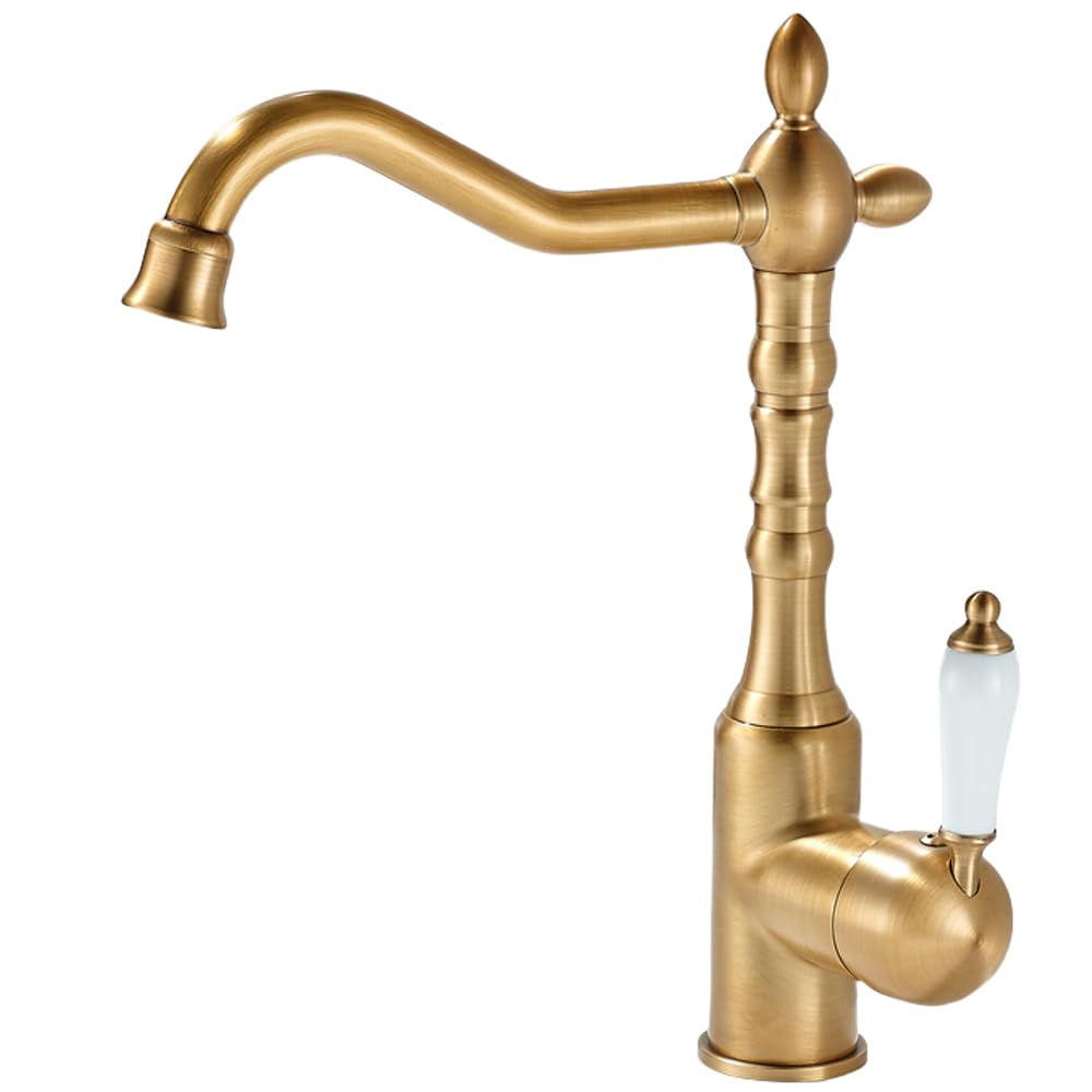Bathroom Sink Basin Tap Ceramic Single Handle 360° Rotable Spout Deck Mounted Mixer Tap,Vintage Swan Monobloc Kitchen Sink Tap 1 Hole One Handle Taps Antique Brass