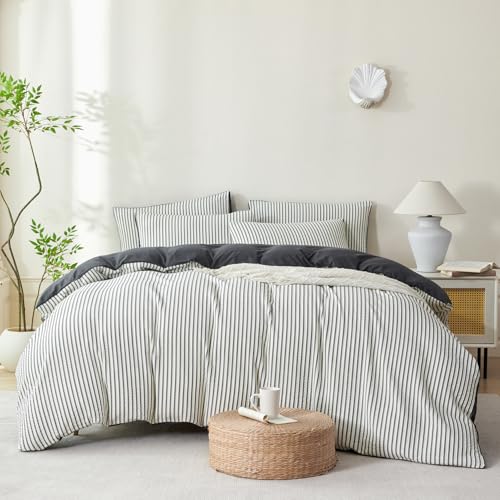 Image of Dark Grey Striped Comforter Set King - 3 Pieces Bedding Comforter Set for All Season, Soft Lightweight Washed Microfiber, 1 Striped Comforter and 2 Pillowcases (Dark Grey, King Size)