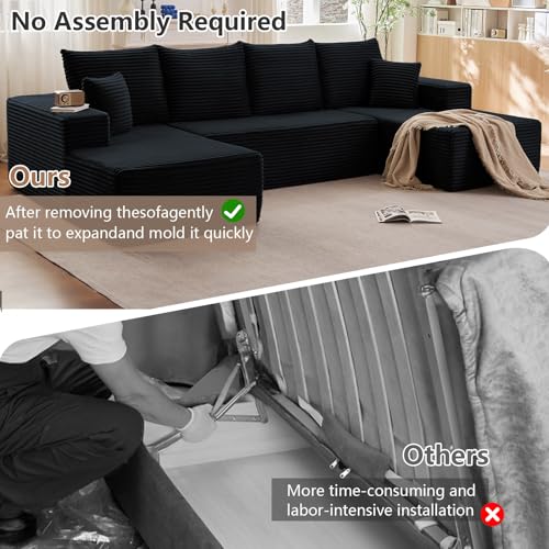 Image of 134.2 inch Modular Sectional Sofa, Modern Corduroy Cloud Couch with Deep Seat, Boneless Couch Upholstered 4-Seater U-Shaped Sofa for Living Room, No Assembly Required (Black)