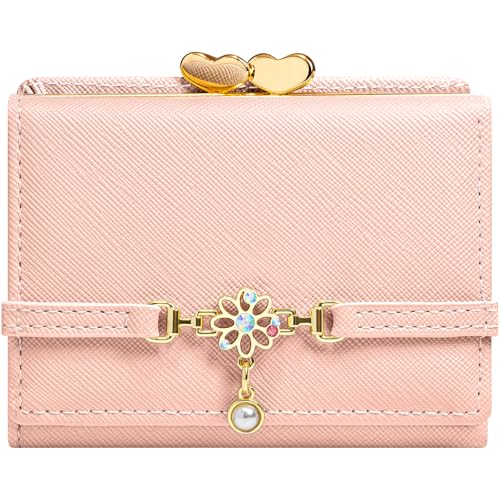 Small Wallets Woman Trifold RFID Blocking Slim Wallet Credit Card Holder Cute Coin Purse with ID Windows (Pink)