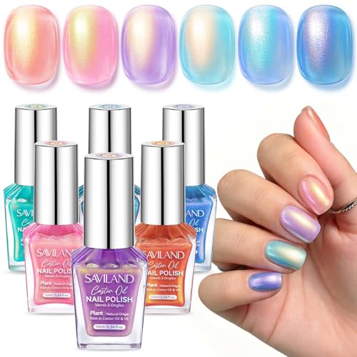 Image of SAVILAND 18-Free Pearl Nail Polish Set: Fast Dry Nail Polish 6 Colors Iridescent Blue Pink Orange Purple Glitter Chip Resistant Holographic Fingernail Toes Polish Gift for Women Home DIY 10ml