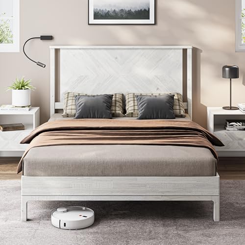 Image of Bme Vivian 14 Inch Deluxe Bed Frame with Headboard, Rustic & Scandinavian Style with Solid Acacia Wood, No Box Spring Needed, 12 Strong Wood Slat Support, Easy Assembly, Queen, Rustic White