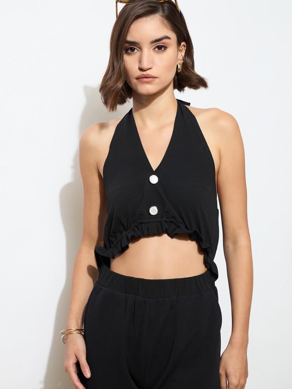Image of barcino Black Knitted Halter Neck Cut-Out Jumpsuit