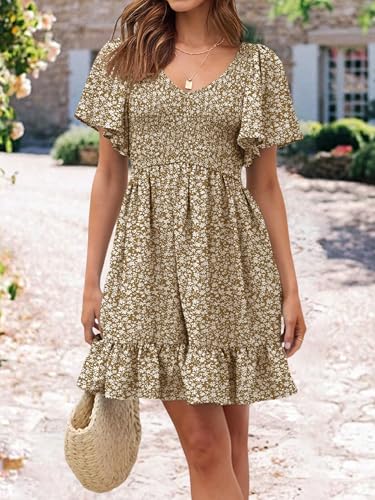 Image of UEAL Womens Cute Floral Smocked V Neck Flutter Sleeve Sundress with Pockets Casual Spring Summer Dresses for Women 2026