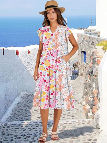 Image of ANRABESS Womens Summer Dress Ruffle Sleeve V Neck Midi Dresses Fashion Casual Fit Flowy Tiered Boho Beach Vacation Sundress