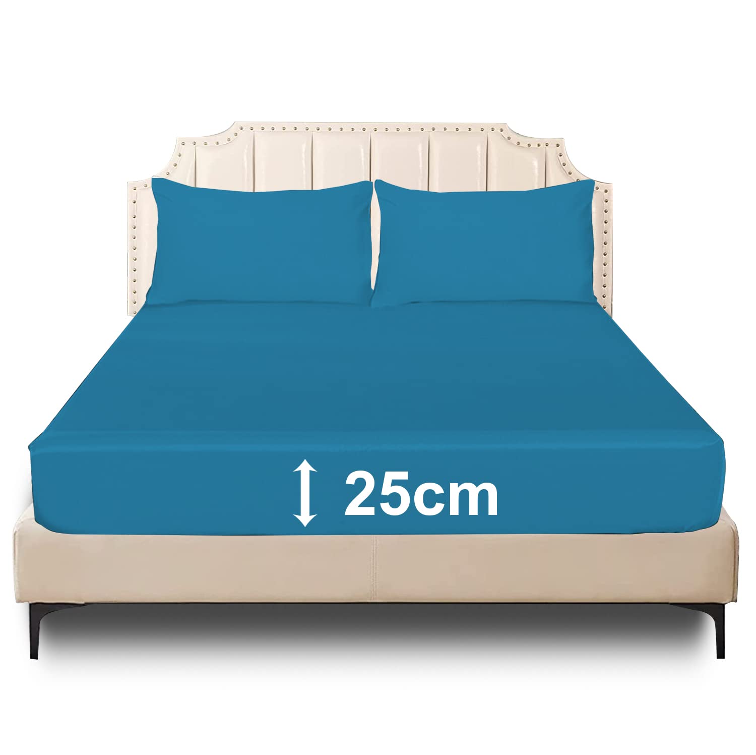 Deep Fitted Bed Sheet 25 cm Poly Cotton Mattress Cover, Plain Non Iron Deep Pocket Elasticated Bedding Sets for Girls Boys Kids Beds Protector Fitted Sheet (Teal, King)