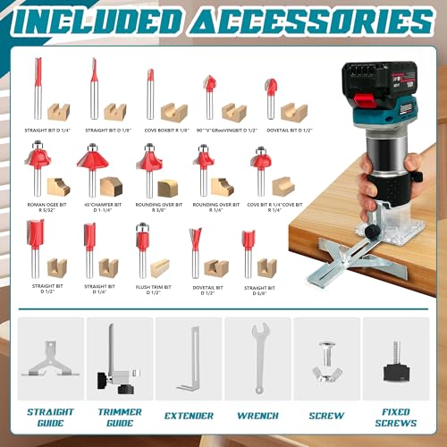 Cordless Wood Router Trimmer for Makita 18V Battery, 6 Variable Speeds Wood Trimmer Set 800W - 30000 RPM Brushless Motor Hand Palm Router with 15pcs 1/4" Shank Router Bits for Woodworking(NO Battery) 7 Cordless Wood Router Trimmer for Makita 18V Battery, 6 Variable Speeds Wood Trimmer Set 800W - 30000 RPM Brushless Motor Hand Palm Router with 15pcs 1/4" Shank Router Bits for Woodworking(NO Battery) - Image 7