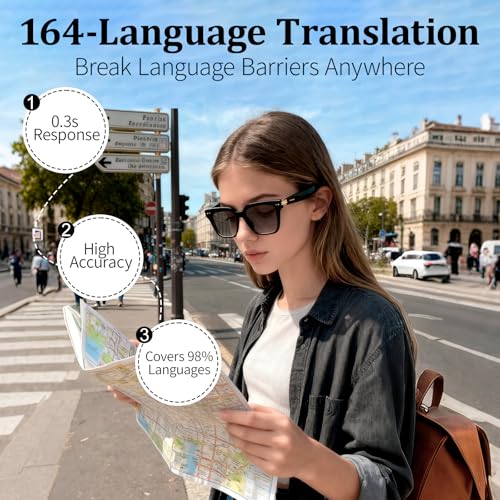 Image of AI Smart Glasses with 160+ Languages for Men /Women, Wireless Bluetooth Translation Glasses with Speakers for Work /Travel /Sports /Business（Black）