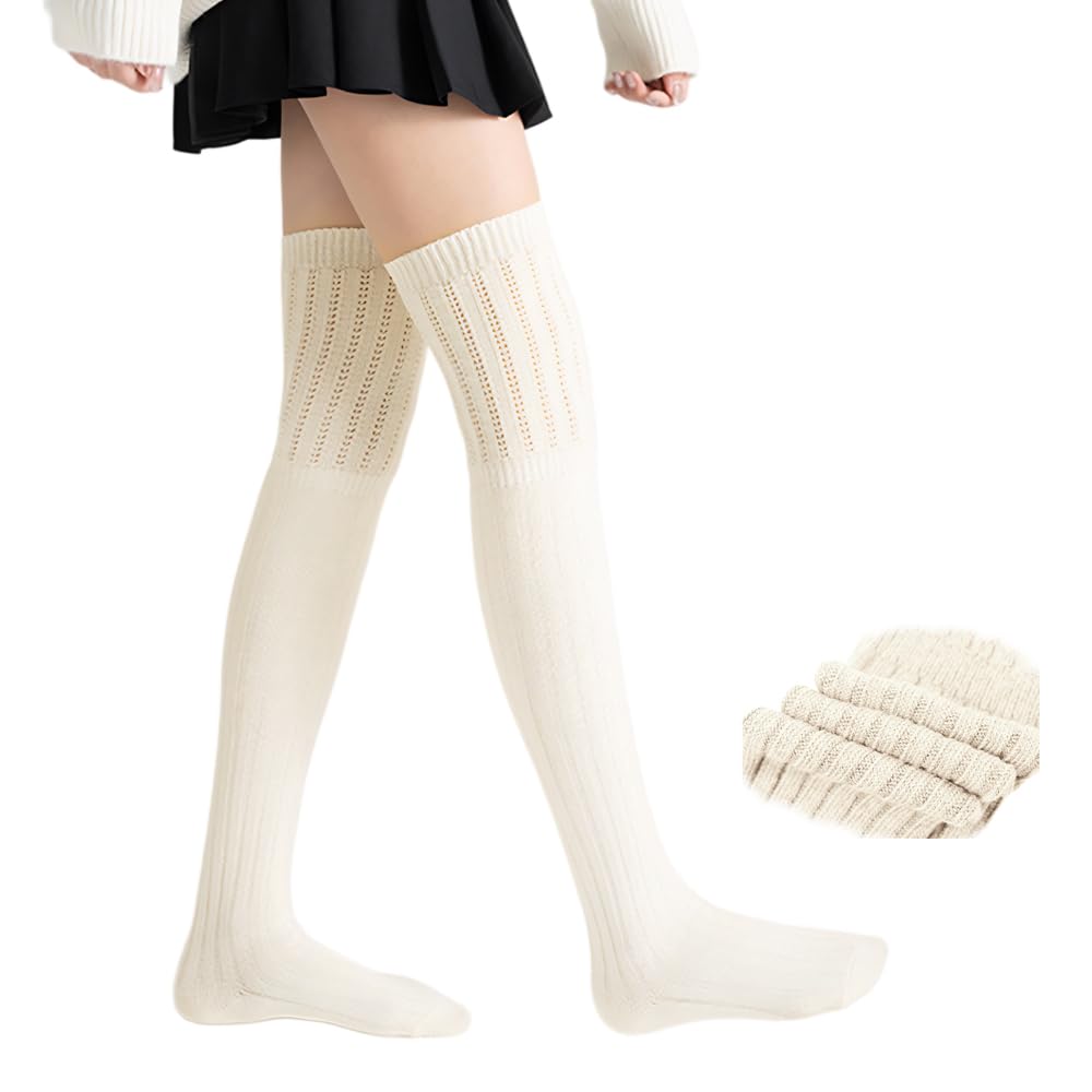 Qiansse Women's White Knee High Socks, Thigh High Knitted Winter Leg Warmers Soft Cozy 65Cm Long Over Knee Stockings For