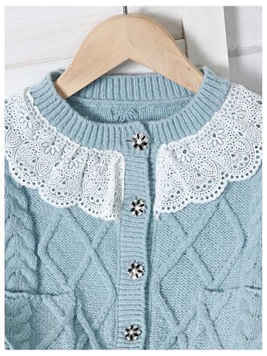 MakeMeChic Girl's Lace Collar Long Sleeve Crochet Cardigan Crewneck Button Down Sweater Outerwear4