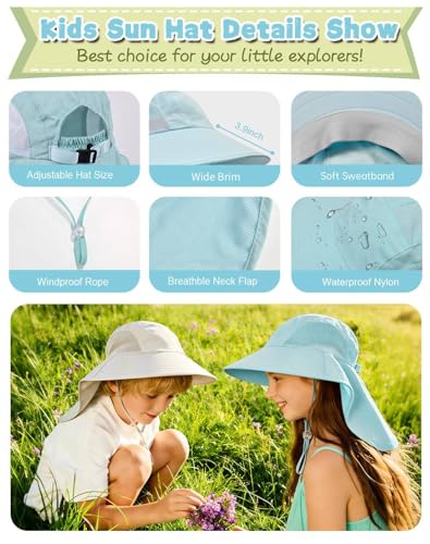Image of Rosoz Kids Sun Hat with Neck Flap UV Protection Summer Toddler Beach Hat Unisex Ponytail Hat Wide Brim Fishing Hat