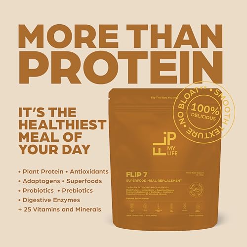 Image of Flip My Life, Flip 7 Natural SuperFood, Plant-Based Protein, Complete Meal Replacement to Support Healthy Gut, 7 Mega Nutrient Rich Blends all in one to AGE BETTER - Peanut Butter