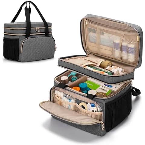 LUXJA Double Layer Medicine Bag with Detachable Divider, Pill Bottle Organizer with Handle Straps (Suitable for Travel or Home), Gray Cover