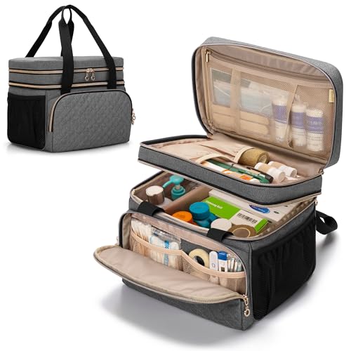 Image of LUXJA Double Layer Medicine Bag with Detachable Divider, Pill Bottle Organizer with Handle Straps (Suitable for Travel or Home), Gray