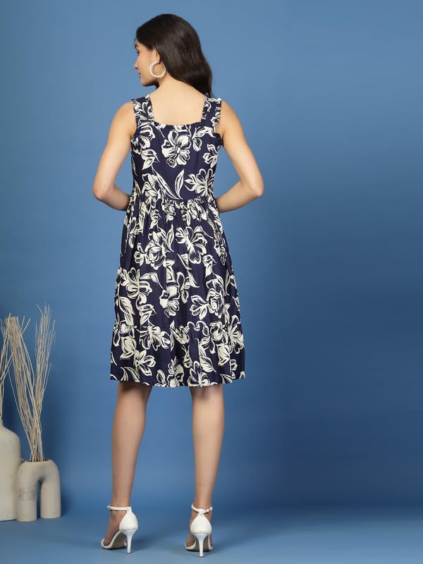 Image of Daevish New Rayon Floral Printed Flared Midi Dress for Women | Women Calf Length Dress