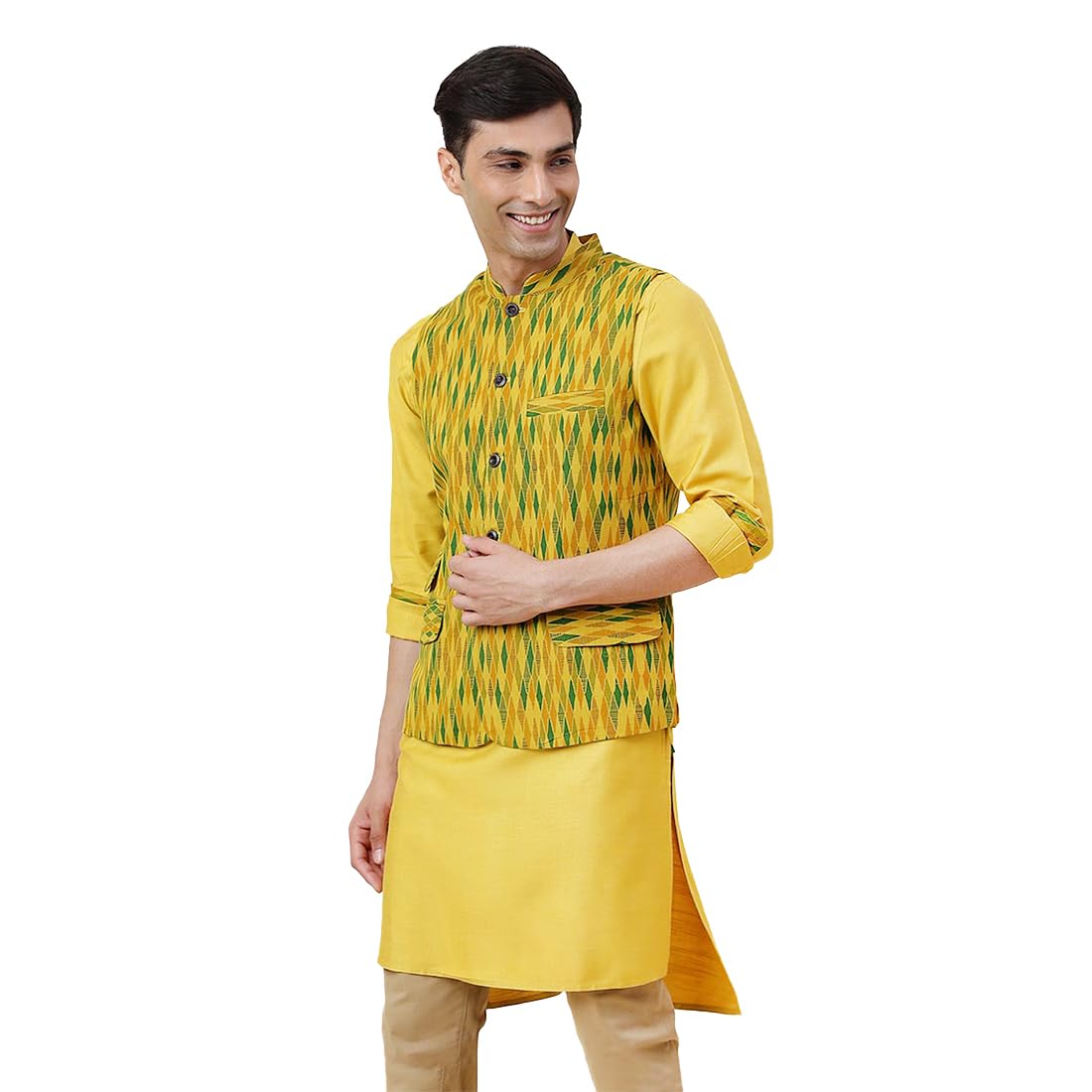 Nuindian Yellow Viscose Silk Slim Fit 2Pc Set, Yellow (L)