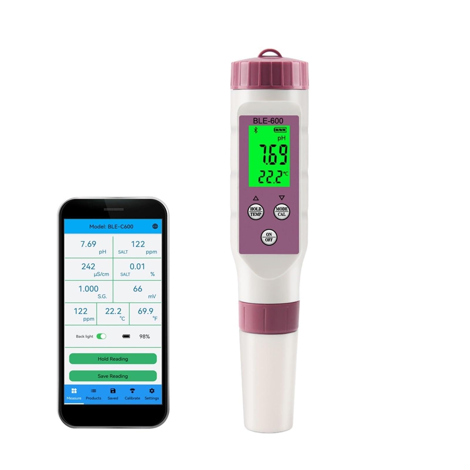 Tester del PH dell'Acqua, Misuratore PH 7 in 1 PH/EC/TDS/ORP/Sale/SG/Temp Monitor Online App Intelligente for Il Tester Acqua Potabile Acquario Tester dell'Acqua