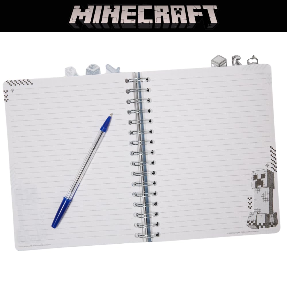 Carnet de notes Minecraft pour enfants avec onglets, à reliure spirale, 144 pages lignées, 20,3 x 17,8 cm