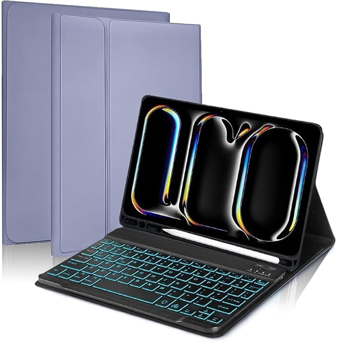 ProElite Keyboard case for Apple iPad Pro 13 inch 2024/2025 M4/M5 with Pencil Holder, Magnetic Detachable Wireless Bluetooth Keyboard Built-in 7-Colors Backlit, Lavender