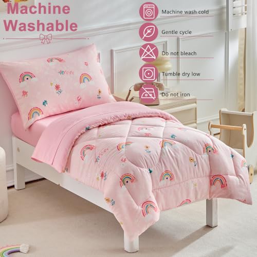 Image of Toddler Bedding Set Pink Rainbow Comforter Set for Girls Soft Cozy Bed Set