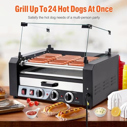 Electric Hot Dog Roller, 9 Rollers Hot Dog Machine, 24 Hot Dogs Capacity, Grill Warmer with Independent Temperature Control, Detachable Glass Hood Cover & Oil Drip Tray, 5-8 Min Quick Cooking