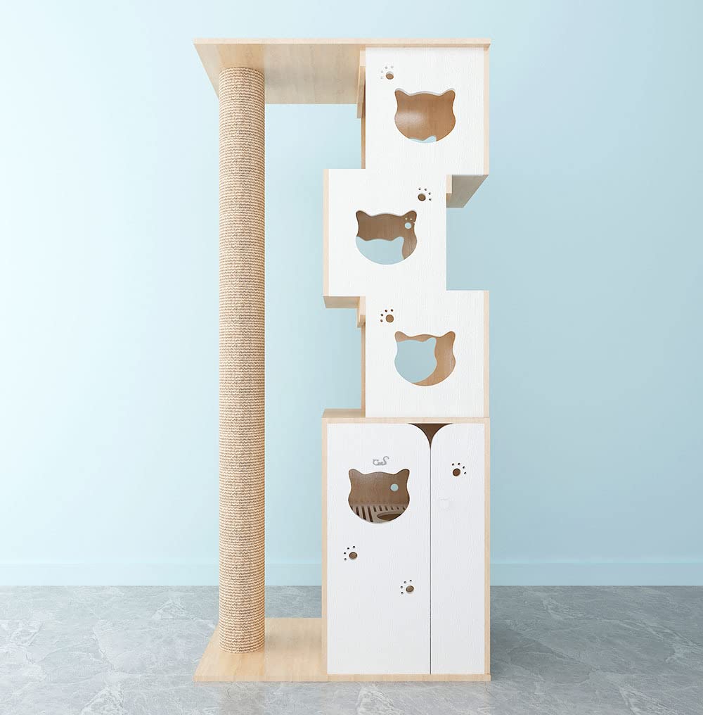CatS Design drapak i kuweta dla kota 2 w 1 dąb biały szlachetny, stabilny, z szafką dla kota