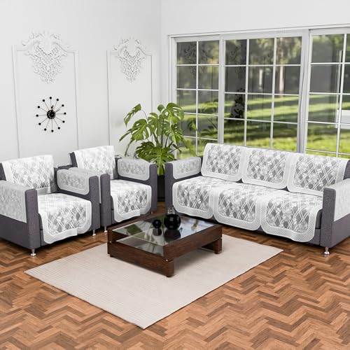 Image of Kuber Industries 5 Seater with Arms Anti Slip Sofa Covers for Home | Decorative Sofa Set Cover for Living Room | Protective Sofa Sheet & Sofa Seat Cover from Spill & Shot | Cross Flower Net - Grey