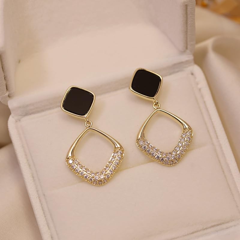 18K Gold Plated Geometric Black Enamel Drop Earrings for Women, Elegant Statement Earrings with Cubic Zirconia, Lightweight Dangle Earrings for Party, Wedding, and Daily Wear - Image 4