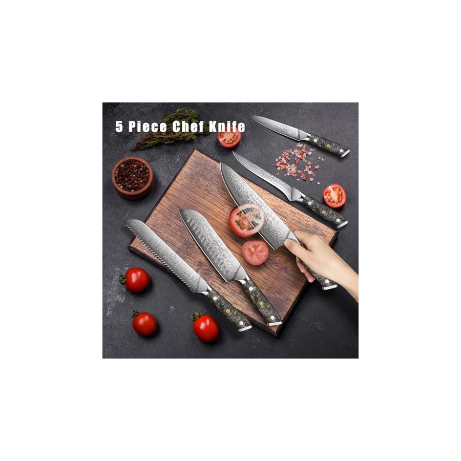 Kuwata Damascus Chef Knife Set, Professional Black Gold Series 5PCS Kitchen Knife Set, VG10 Damascus Steel Cooking Knife Set, G10 Ergonomic Black Gold Handle Knife Set with Gift Box