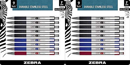 Zebra F-301 Ballpoint Stainless Steel Retractable Pen, Fine Point, 0.7mm, Assorted Ink, 9-Count: Black, Blue, Red Pack of 2