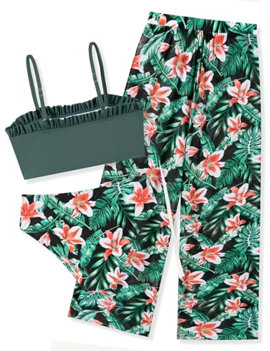 Image of Vogseek 6-16T Girls 3 Pieces Bikini Bathing Suit with Rash Guard Pants Quick Dry Swimwear Cover-Up Sets