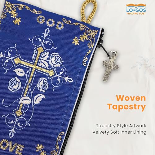 Image of Catholic Rosary Pouch, 4 inch x 6 inch Jewelry & Coin Purse with Cross, Small Woven Tapestry Icon Bag, Bolsa de Rosario Catolico para Joyeria, Mary Queen of Heaven & God is Love, 4 inch x 6 inch