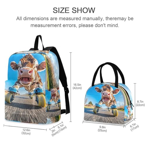 Backpack Lunch Box Set Large Capacity Travel Backpacks and Insulated Lunch Bag for Commute Hiking Picnic Skating Cow Print2