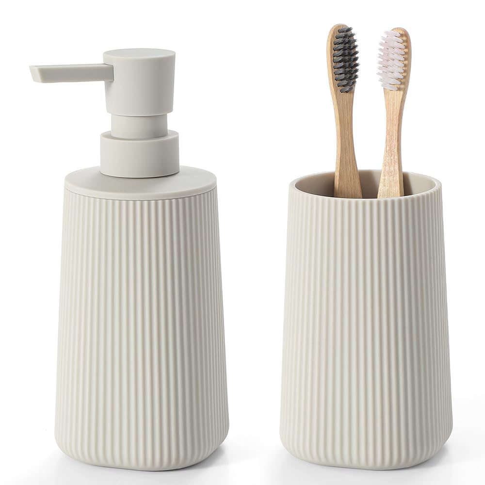 Distributeur de savon et porte-brosse à dents beige rayé - Accessoires de rangement de bain