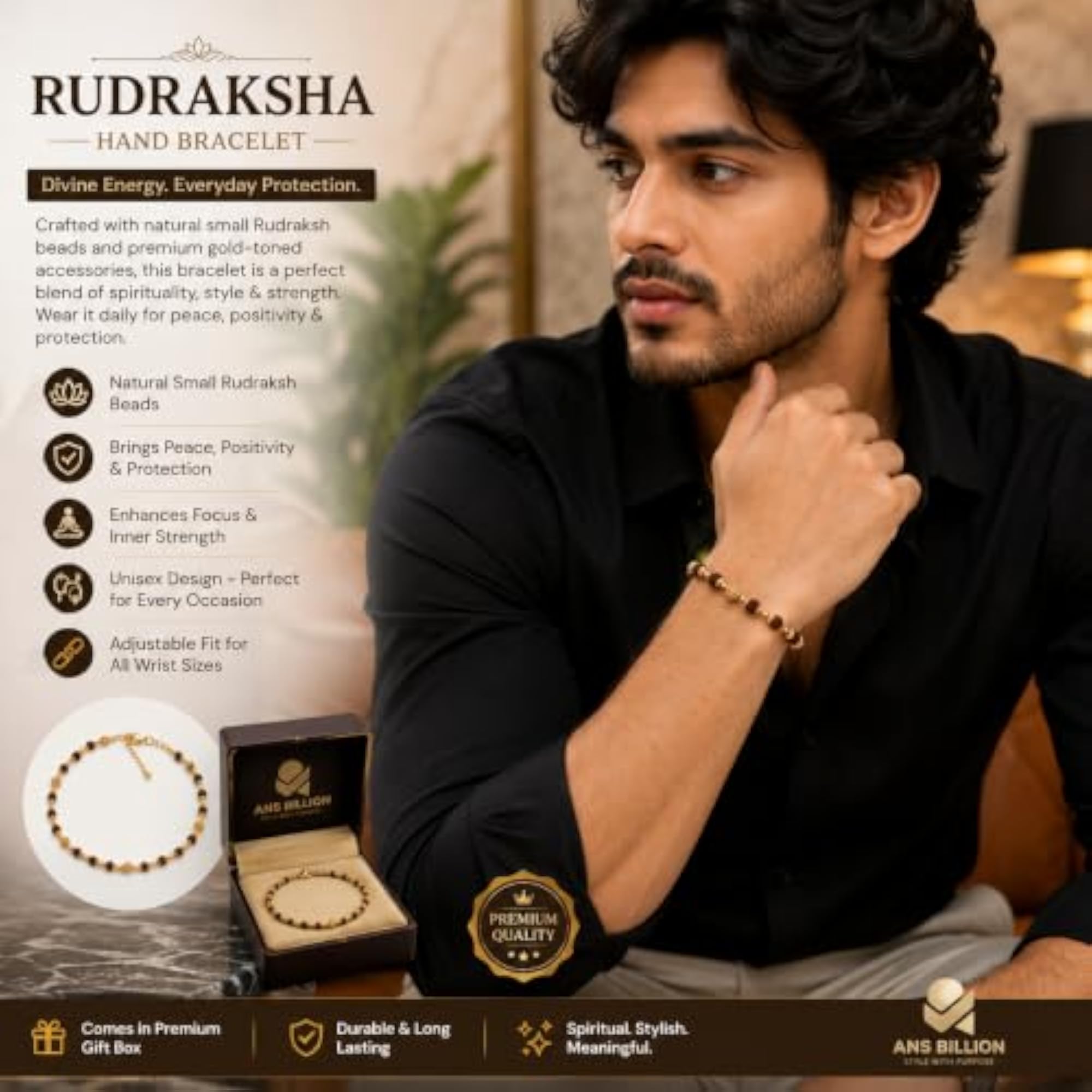 Rudraksha and Gold-Tone Beaded Bracelet with Lobster Clasp